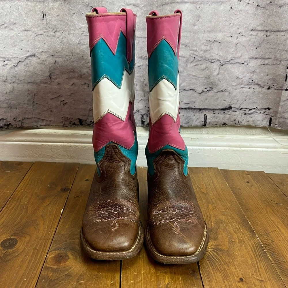Macie Bean Girls Brown Western Boots with Pink, Teal & White Chevron Shaft